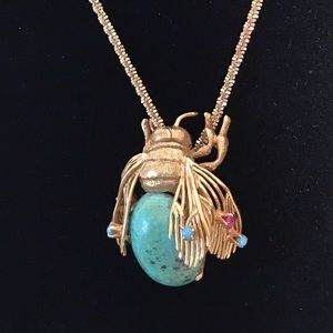 18k Gold Turquoise Bee Pin Necklace Italy